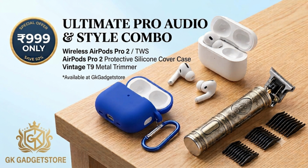AirPods Pro 2 (TWS): TWS-AIRPODS-PRO2-WHT 

​Silicone Case Cover (Blue): CASE-SILICONE-APP2-BLU 

​Vintage T9 Trimmer: TRIM-T9-METAL-BRN