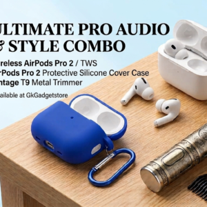 AirPods Pro 2 (TWS): TWS-AIRPODS-PRO2-WHT 

​Silicone Case Cover (Blue): CASE-SILICONE-APP2-BLU 

​Vintage T9 Trimmer: TRIM-T9-METAL-BRN